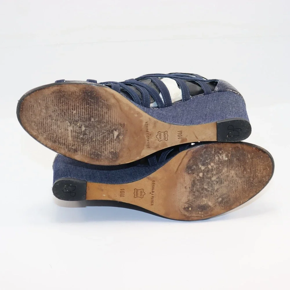 Donald‎ J Pliner Wedge Sandals 10M Blue Womens Strappy Snakeskin Denim Heels